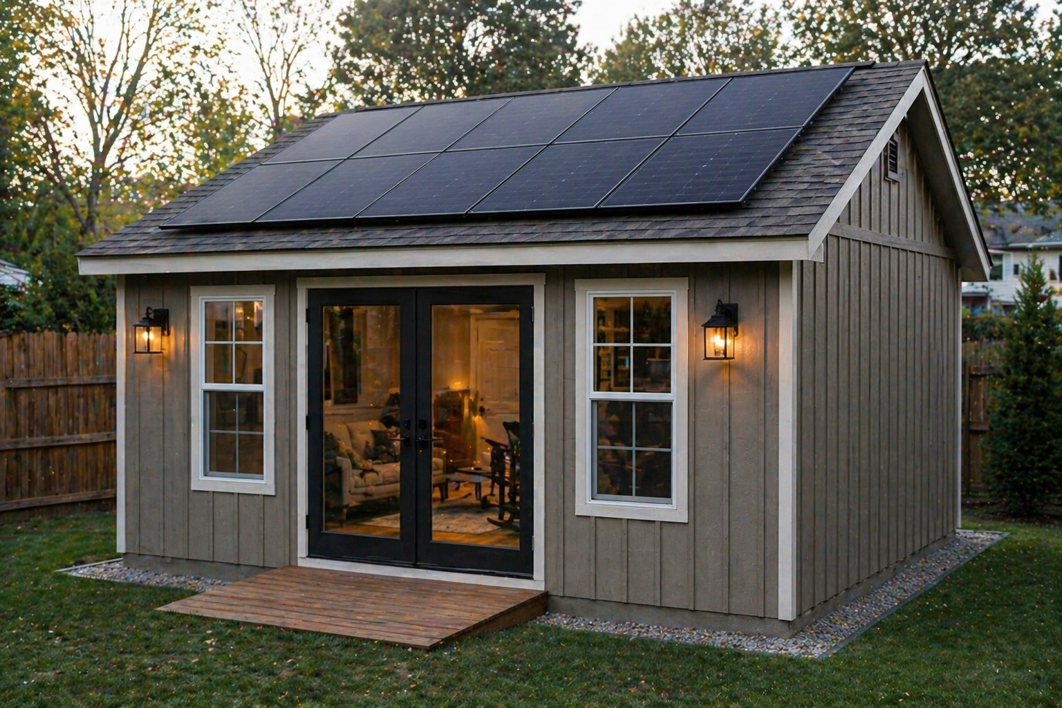Small house with solar panels on the roof, lit lantern-style lights on the front wall, glass double doors, and two windows, surrounded by a wooden fence and green grass.