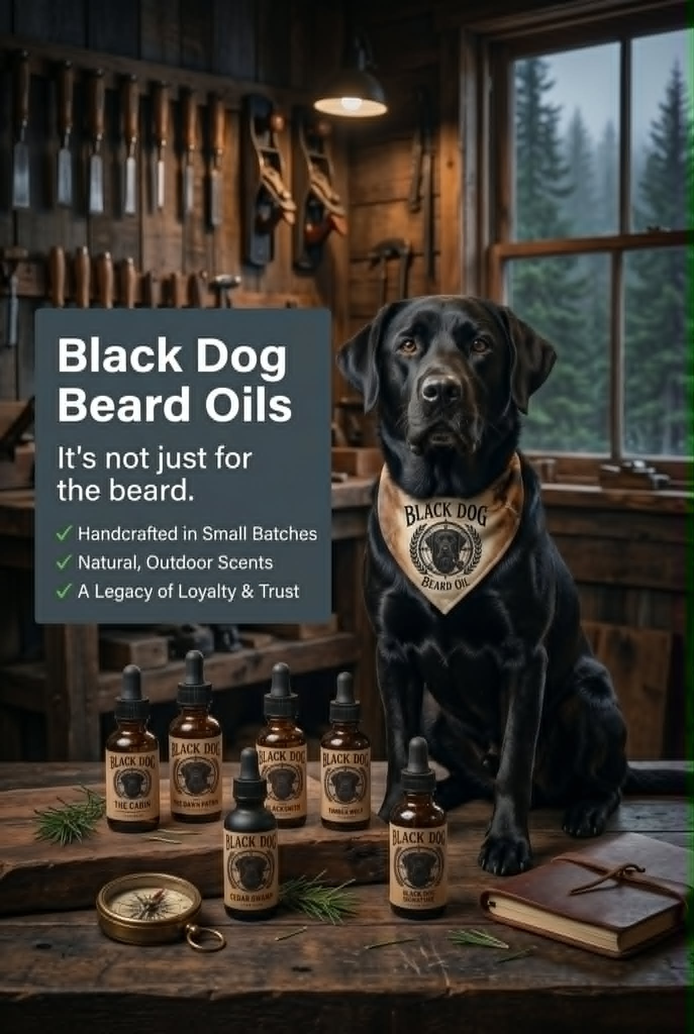 A black Labrador dog wearing a bandana around its neck sitting on a wooden table in a rustic workshop with tools hanging on the wall and small bottles of beard oil labeled 'Black Dog' arranged in front of the dog. The scene includes a clock, pine branches, and a notebook on the table.