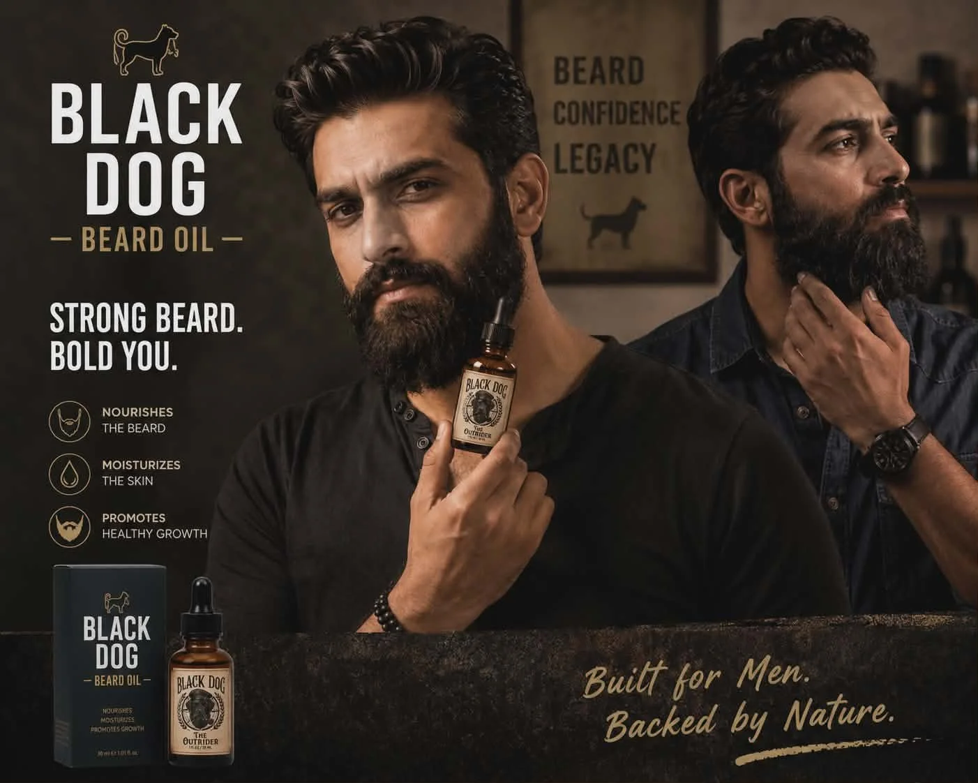 Advertisement featuring two bearded men, one holding a bottle of Black Dog beard oil. The text promotes the beard oil's benefits for nourishing, moisturizing, and promoting healthy growth, with phrases like 'Strong beard. Bold you.' and 'Built for men. Backed by nature.'