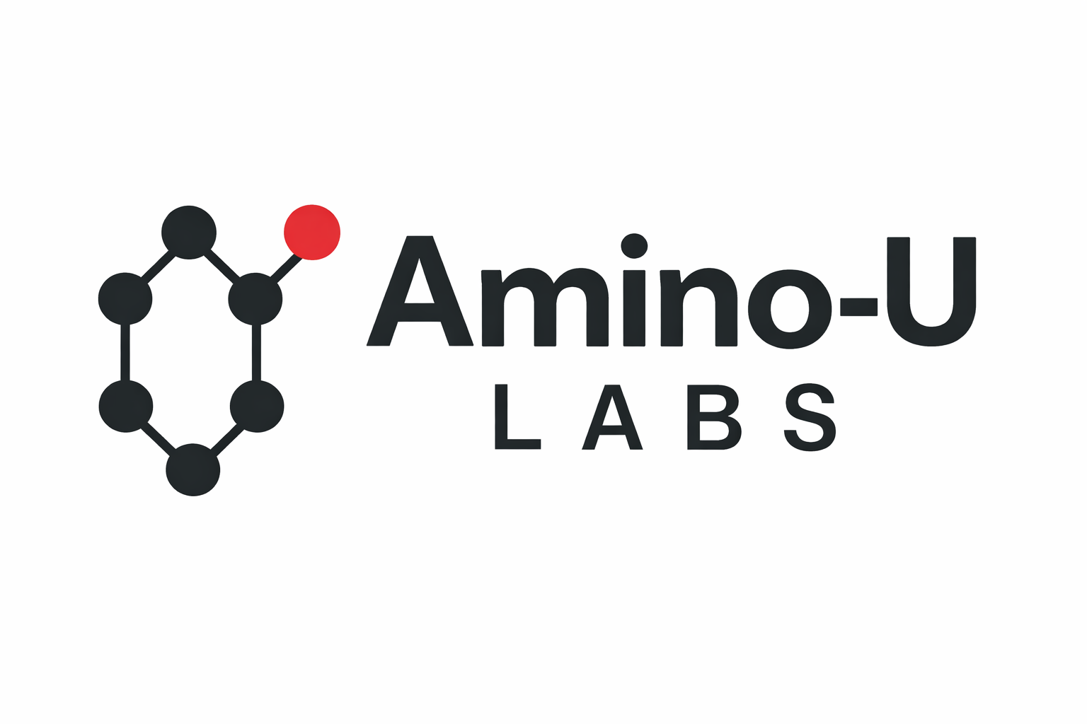 A logo for Amino-U Labs featuring a molecular structure icon and the company's name in black text.