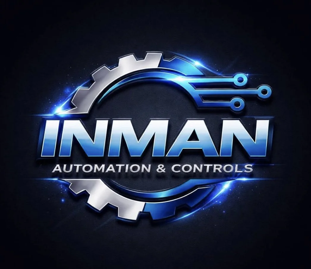 Company logo for INMAN Automation & Controls, featuring a blue gear and circuit design with glowing effects.