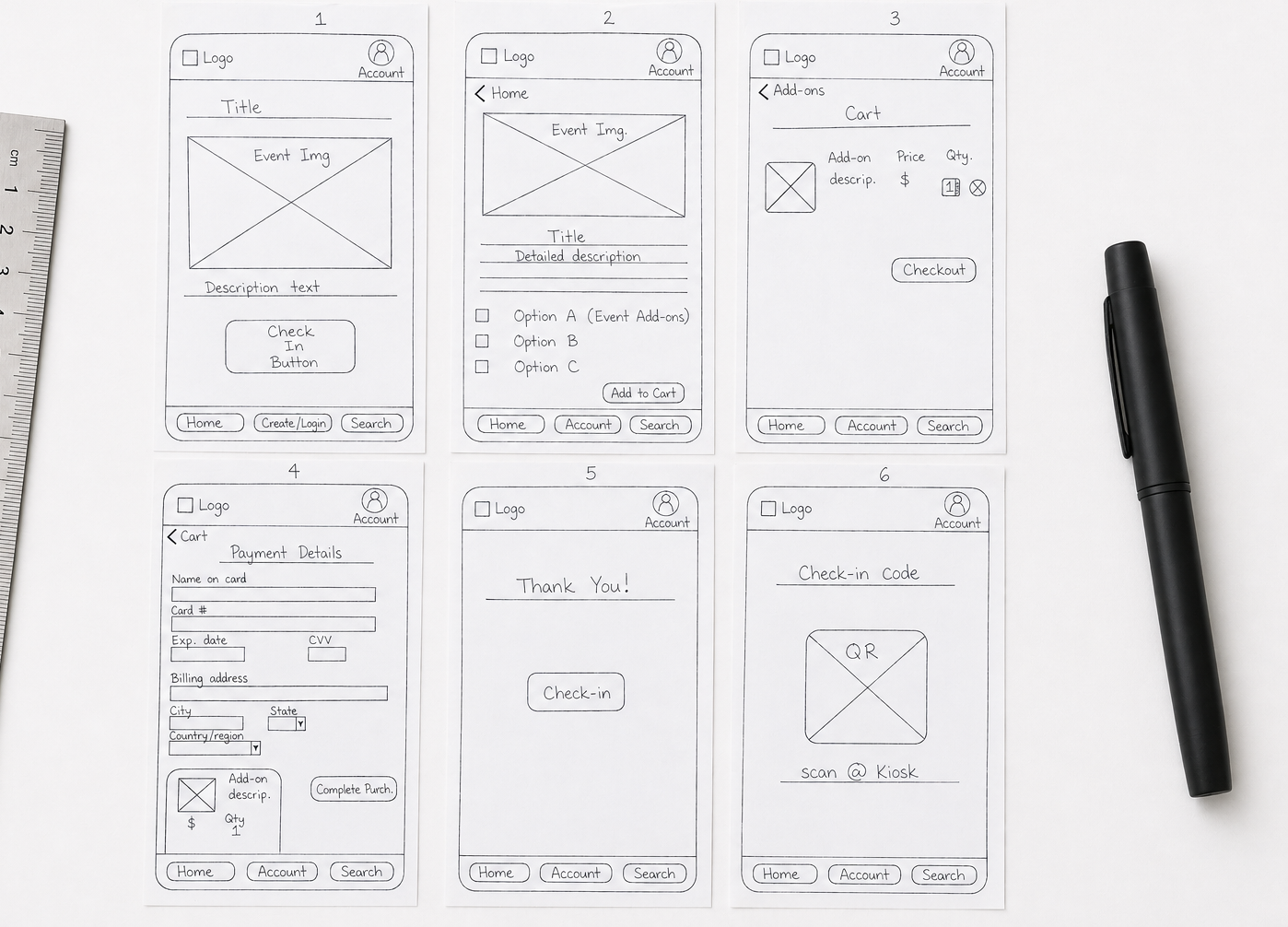 paper wireframes for 8bit arcade event check-in app