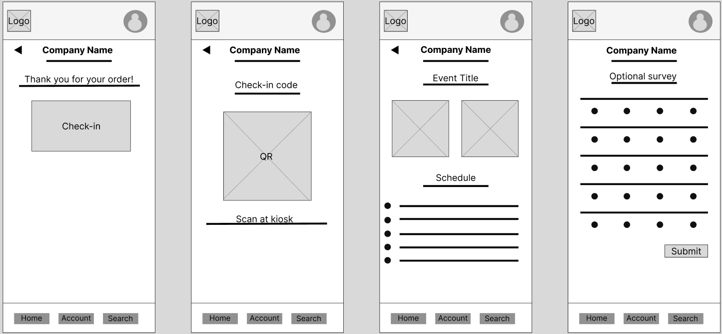 lofi wireframe of last 4 steps of navigation for 8bit Arcade app