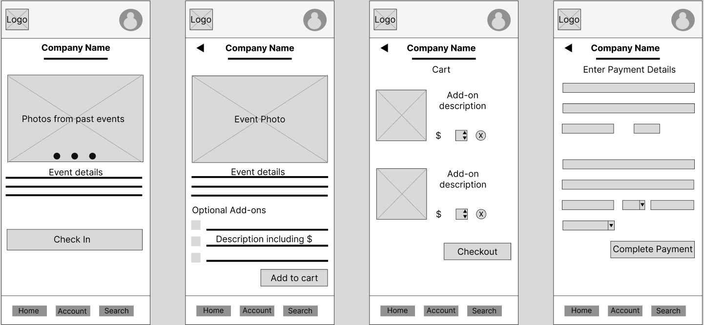 lofi wireframe for 8bit Arcade app showing first 4 steps of navigation