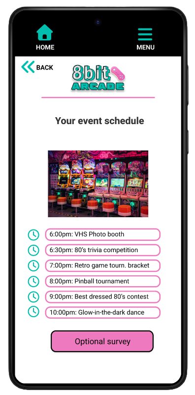 screenshot of your event schedule on 8bit arcade app