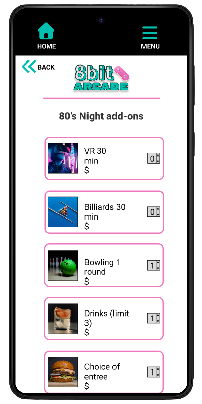 screenshot of event add-ons for 8bit arcade app