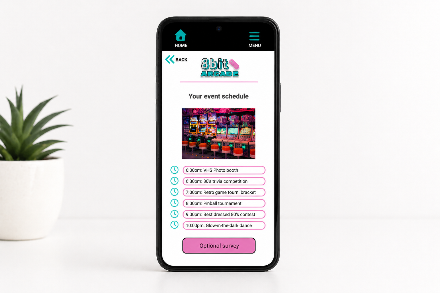 screen on phone featuring 8bit arcade event check-in app