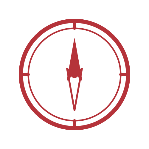 Red compass needle pointing north within a circular compass face with markings on a black background.