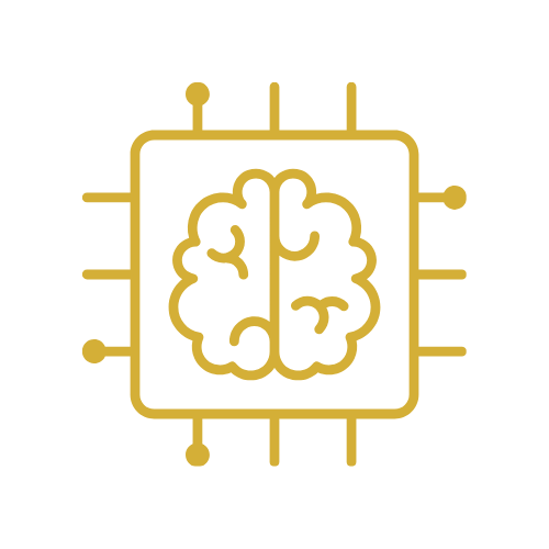 Illustration of a brain inside a computer chip outline, representing artificial intelligence or machine learning.