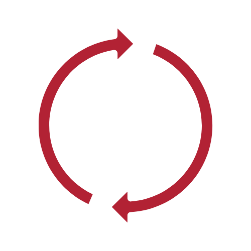 Circular arrow loop icon in black and red.