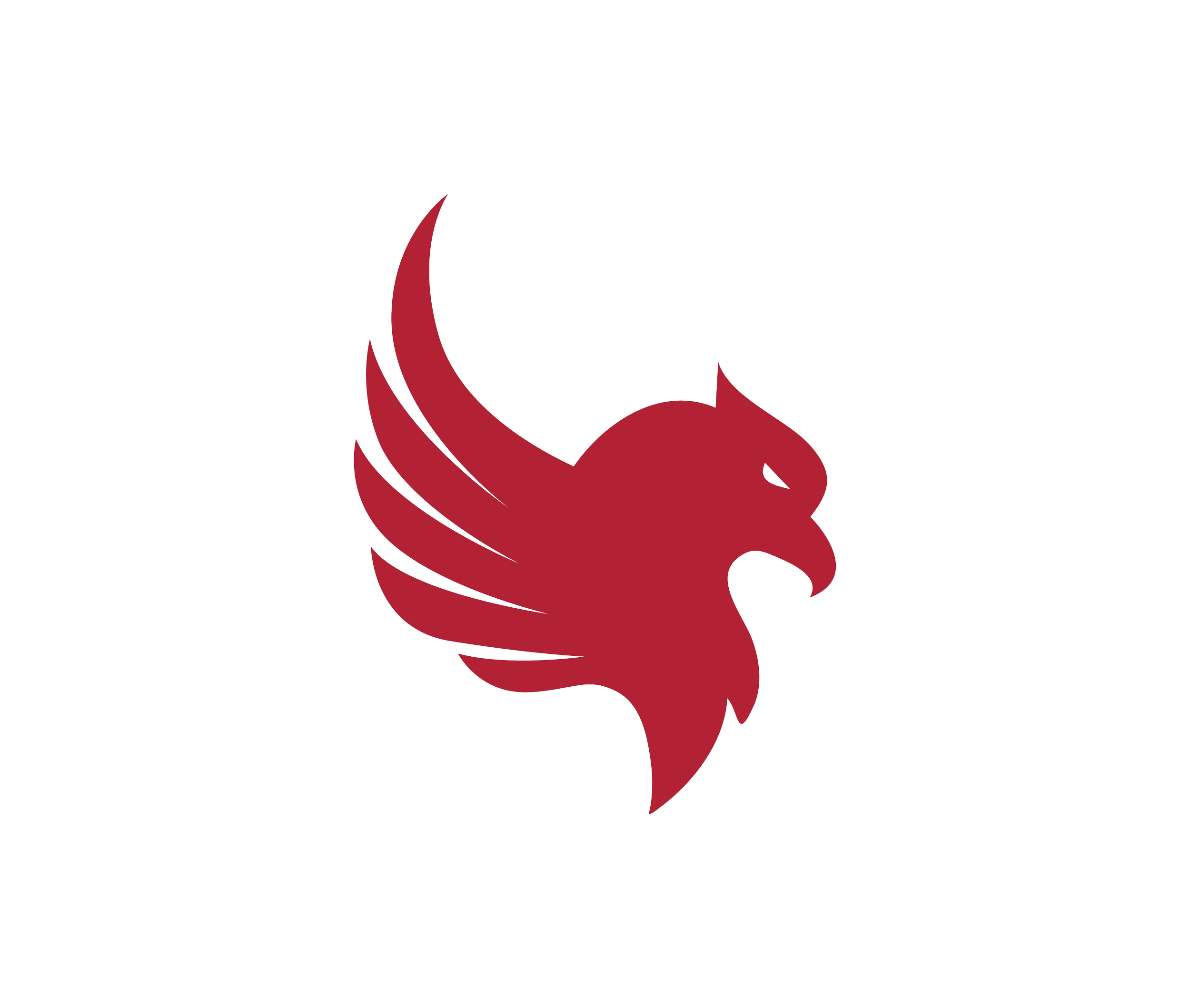 A stylized griffin head with a wing integrated into the design, in red