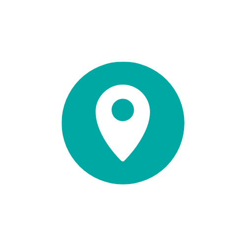 A location pin icon with a circle inside, on a teal circular background.