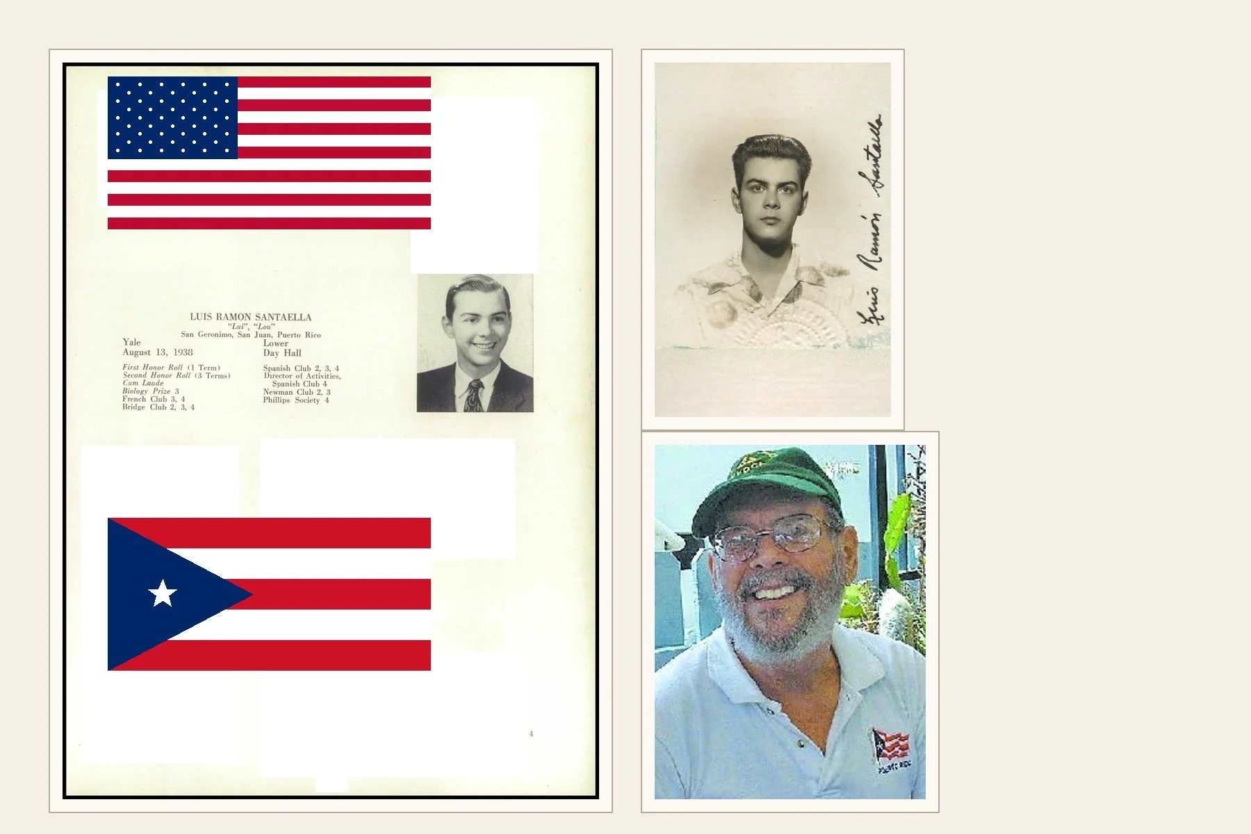 Fotos de Luis Santaella con las banderas de Estados Unidos y Puerto Rico: a la izquierda, una página biográfica antigua con retrato juvenil; arriba a la derecha, un retrato en sepia; abajo a la derecha, una foto más reciente.