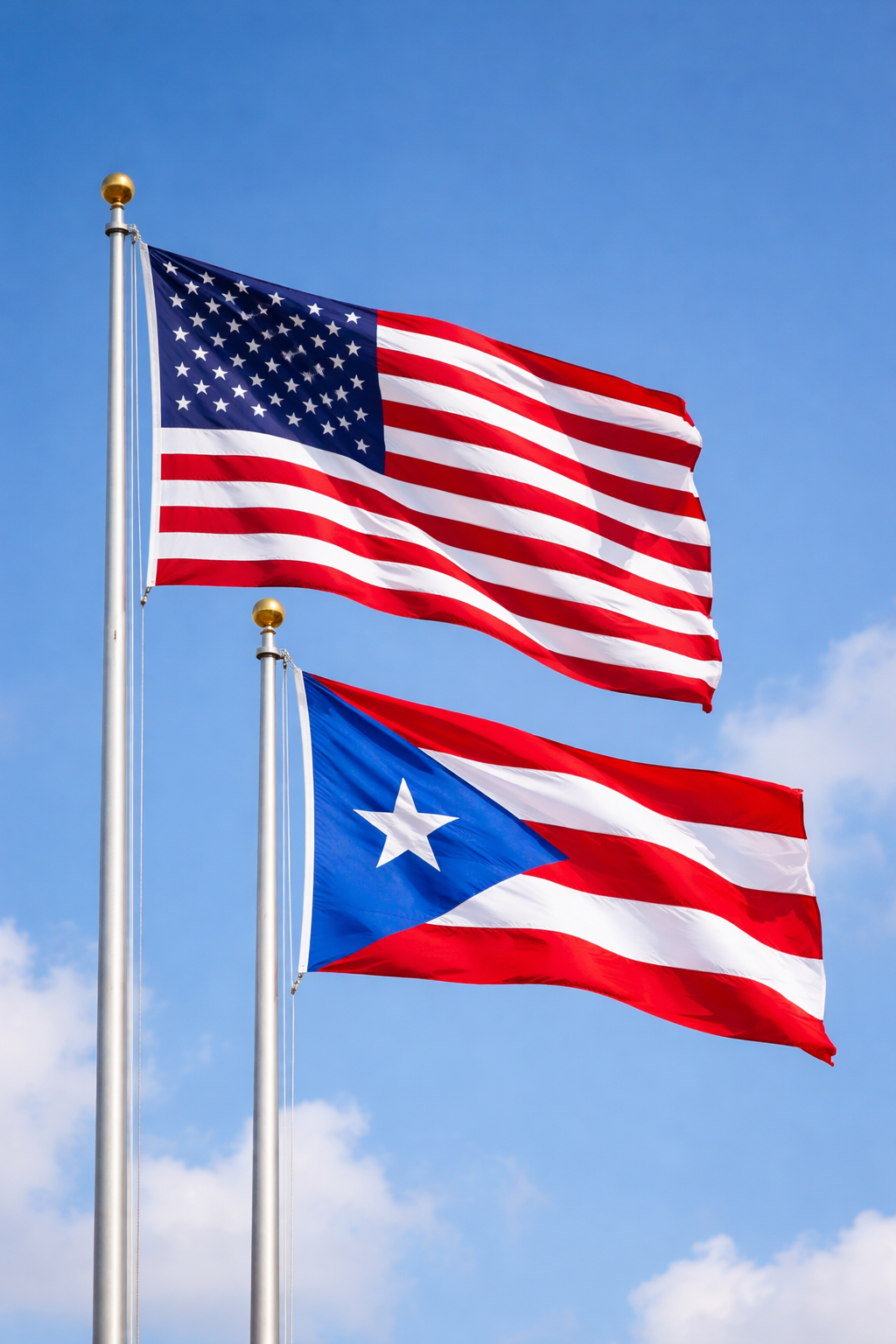 Bandera de los Estados Unidos y bandera de Puerto Rico ondeando en un mástil, con cielo azul de fondo.