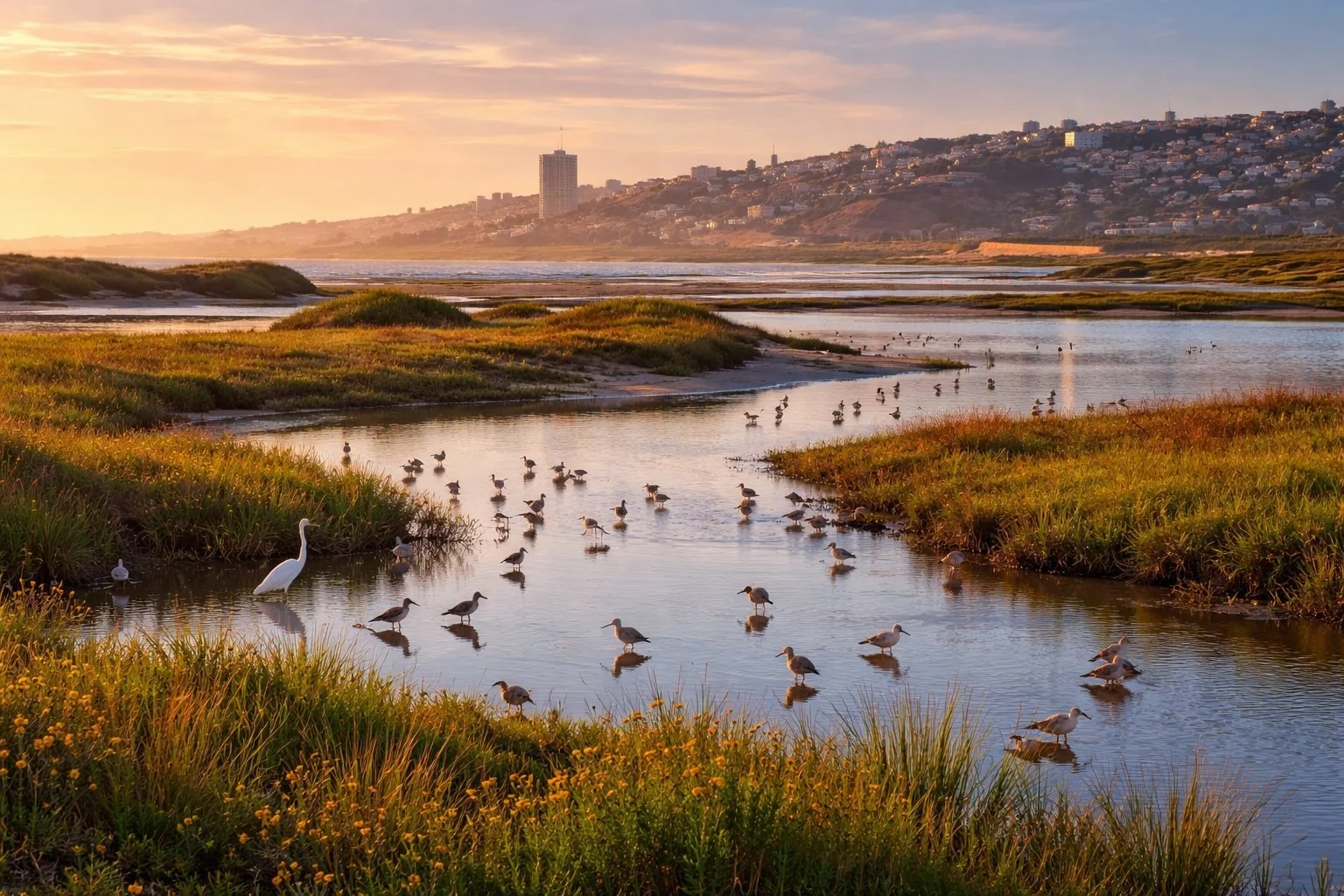 Paisaje de marismas con aves, incluyendo un garza blanca y varias aves pequeñas, con ciudad en el fondo y cielo al atardecer.
