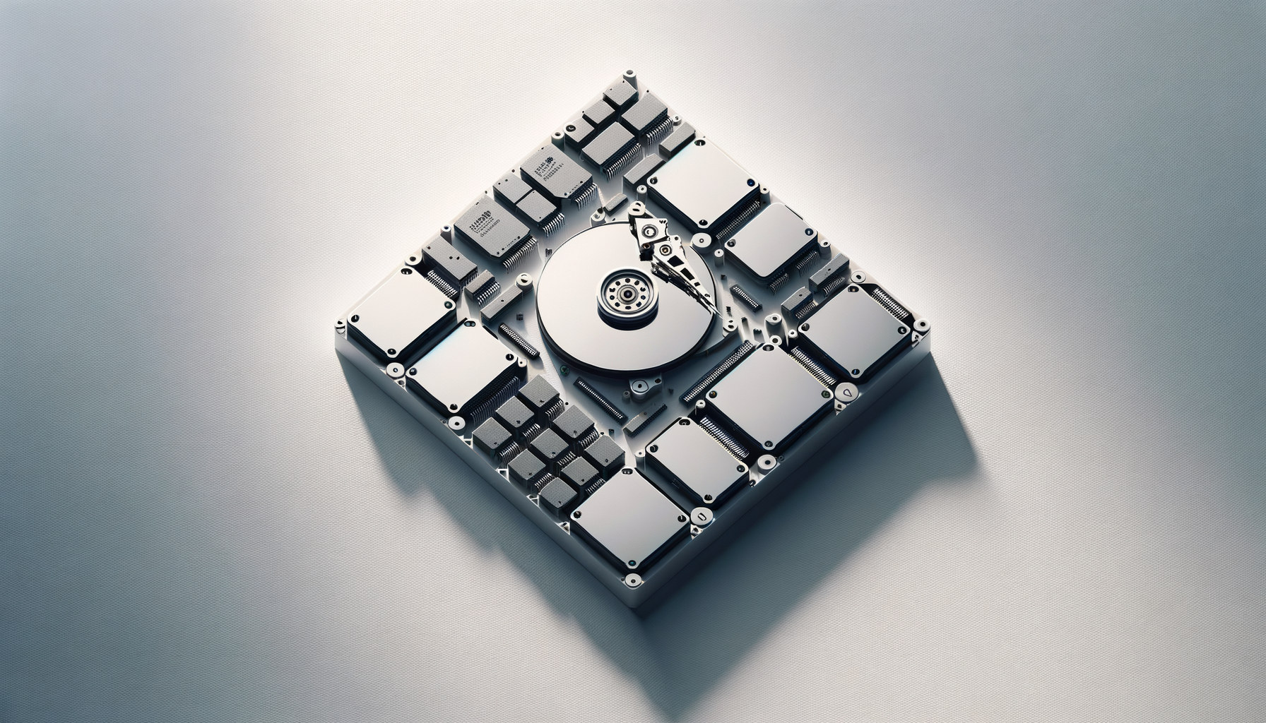 Top view of an open hard drive showing its internal components, including the platters, actuator arm, and electronic circuits.