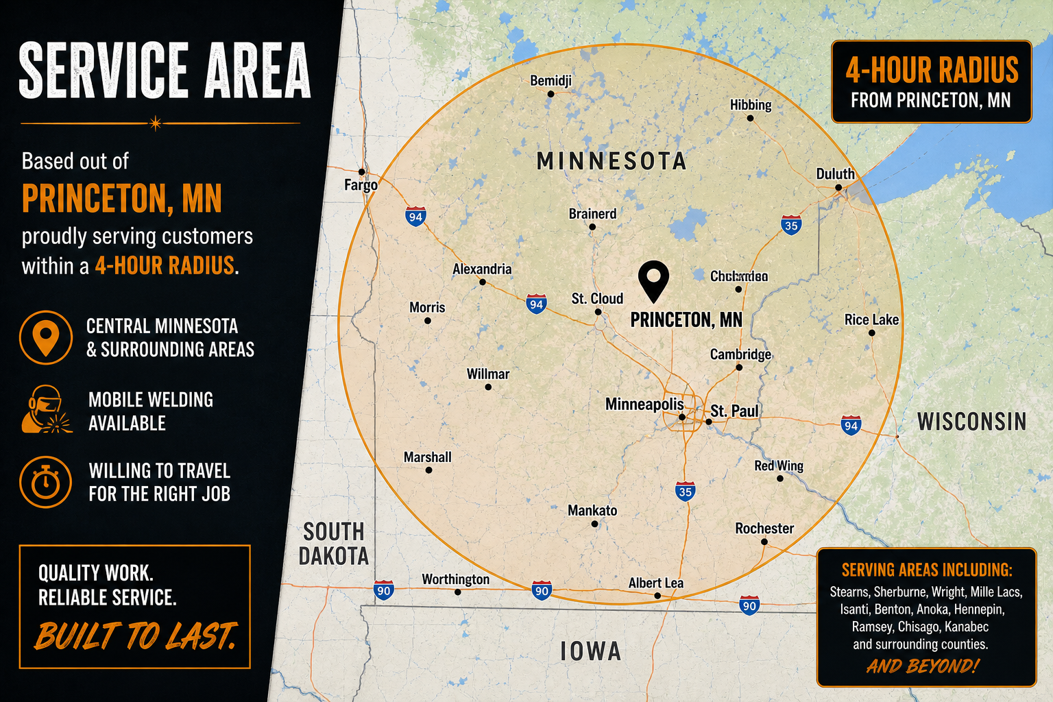 Map illustrating a 4-hour service radius from Princeton, Minnesota, covering central Minnesota and surrounding areas, with key cities such as Minneapolis, St. Paul, Duluth, Fargo, and others. The map highlights service area boundaries with an orange circle and includes icons indicating mobile welding and willingness to travel. Text on the map emphasizes quality work and reliable service built to last.