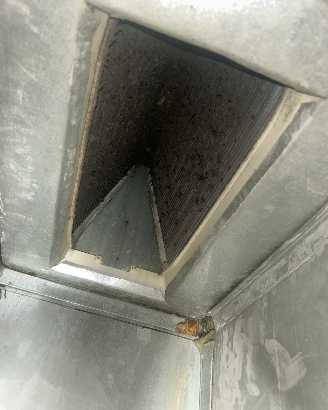 A close-up view of a dusty HVAC air vent or duct opening with some rust and debris inside.