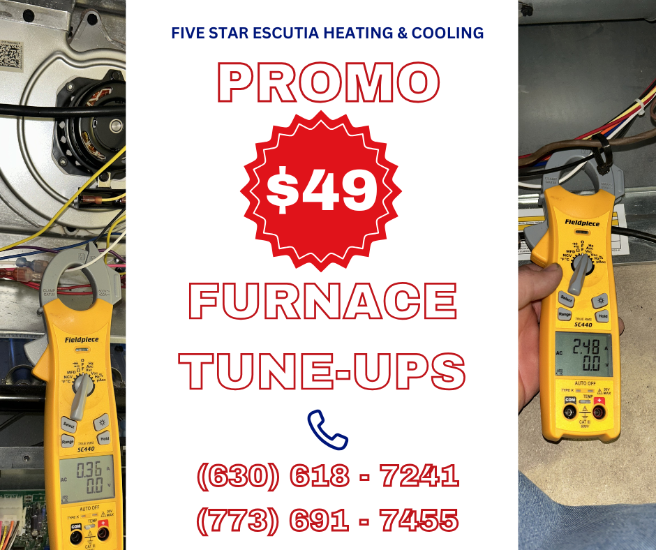 Advertisement for Five Star Escutia Heating & Cooling with a special offer for furnace tune-ups at $49. The ad includes two images of a digital multimeter testing an HVAC component, and displays contact phone numbers (630-618-7241 and 773-691-7455).