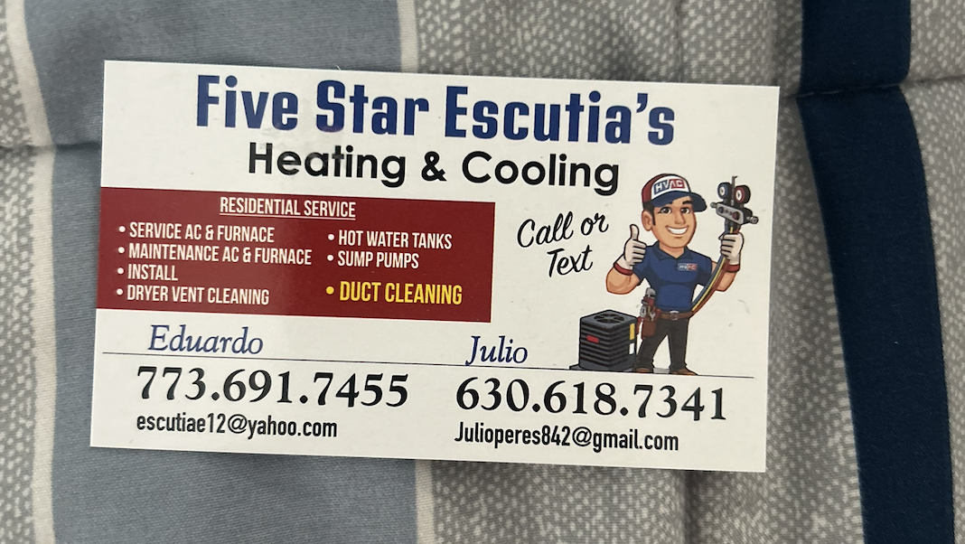 Business card for Five Star Escutía's Heating & Cooling featuring contact info for Eduardo and Julio, list of services including AC and furnace repair, duct cleaning, and other HVAC services, with an illustration of a smiling technician holding tools