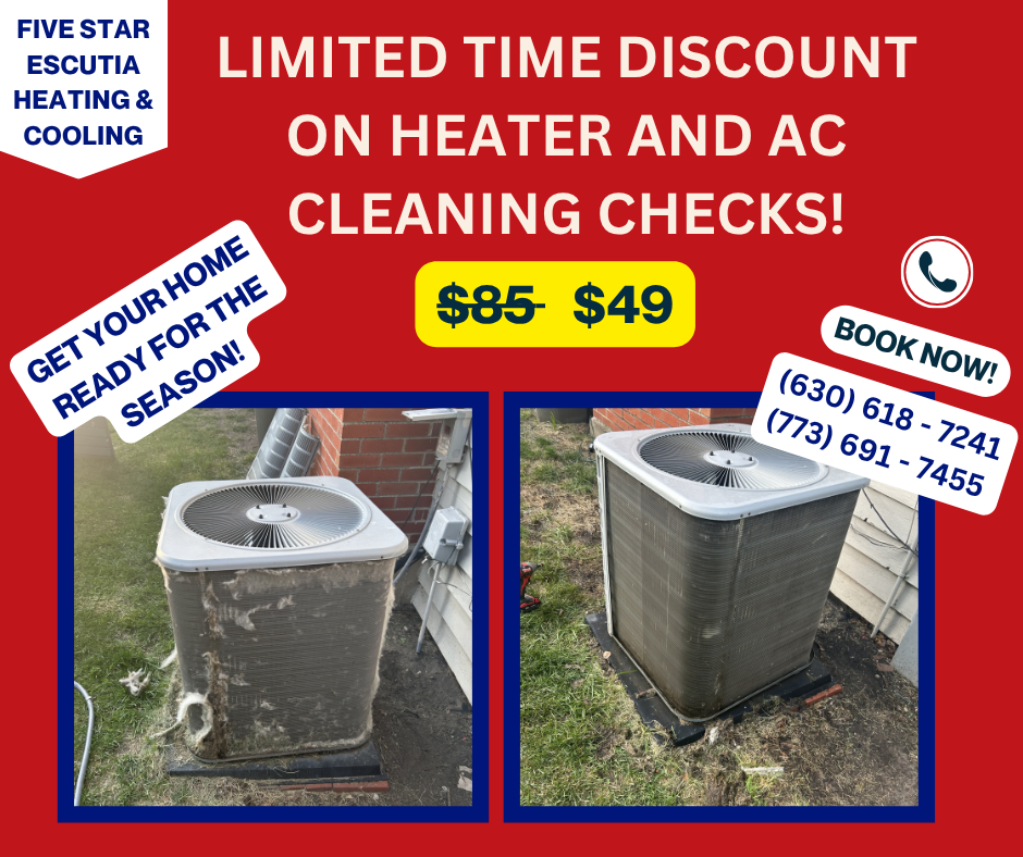 advertisement for heating and AC cleaning checks with a special offer price, showing before and after images of an air conditioning unit, contact number, and promotional text.