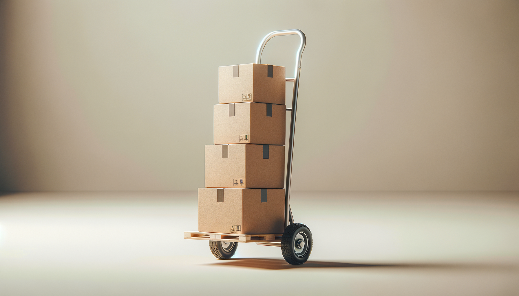 A hand truck loaded with four cardboard boxes stacked vertically on a wooden pallet against a plain background.