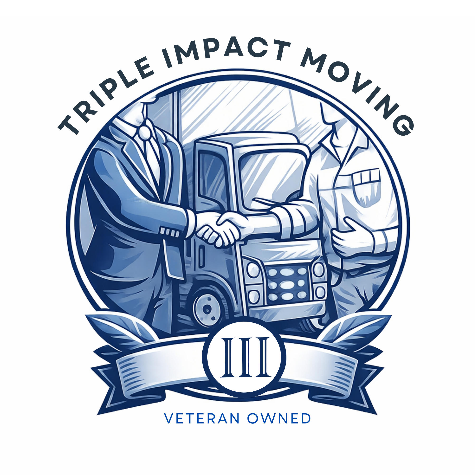 A logo featuring two men, one in a business suit and the other in a uniform, shaking hands over a truck, with the text 'Triple Impact Moving' and a Roman numeral III, indicating veteran ownership.