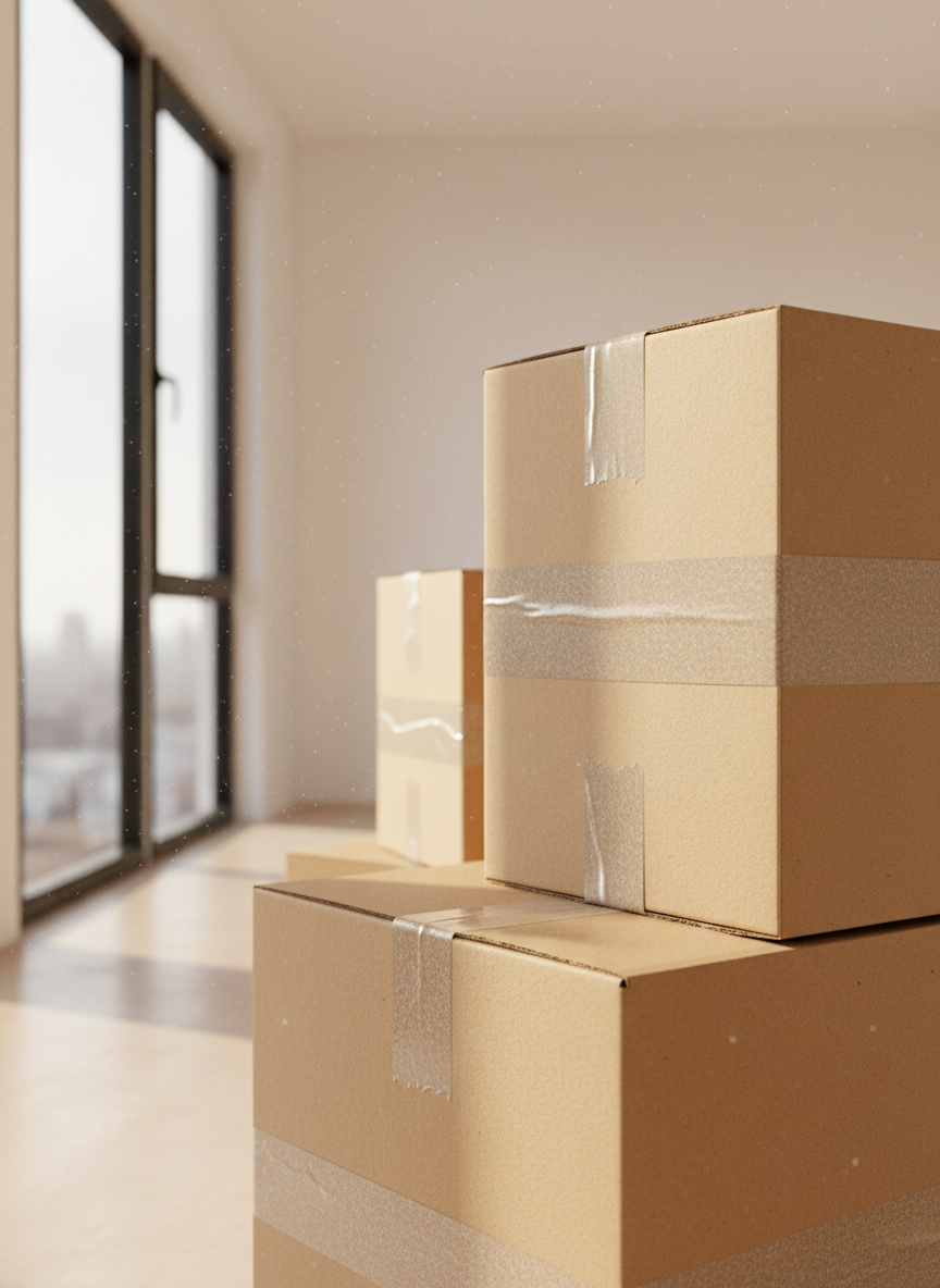 Three cardboard boxes taped shut, stacked inside a room with large windows and sunlight streaming in.