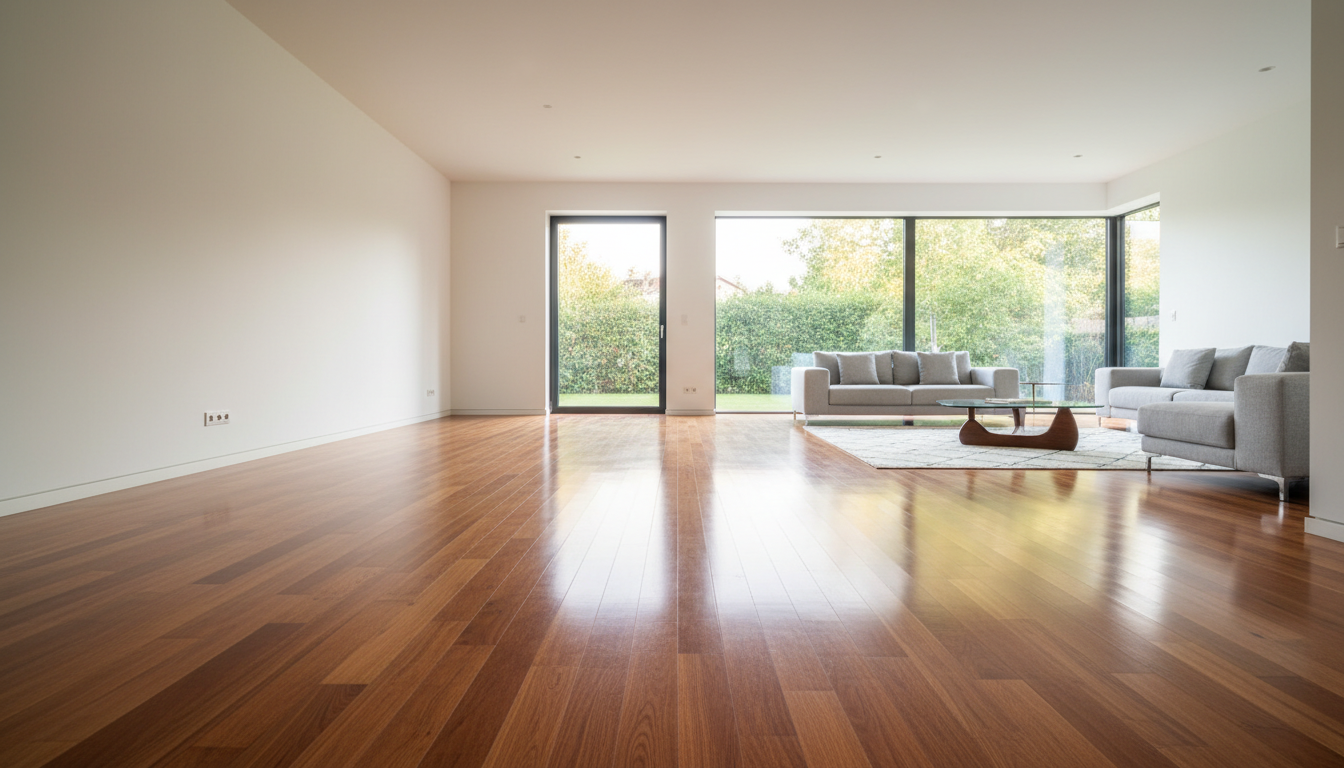 Modern living room with large glass windows, wooden floor, and light-colored sofas and coffee table.