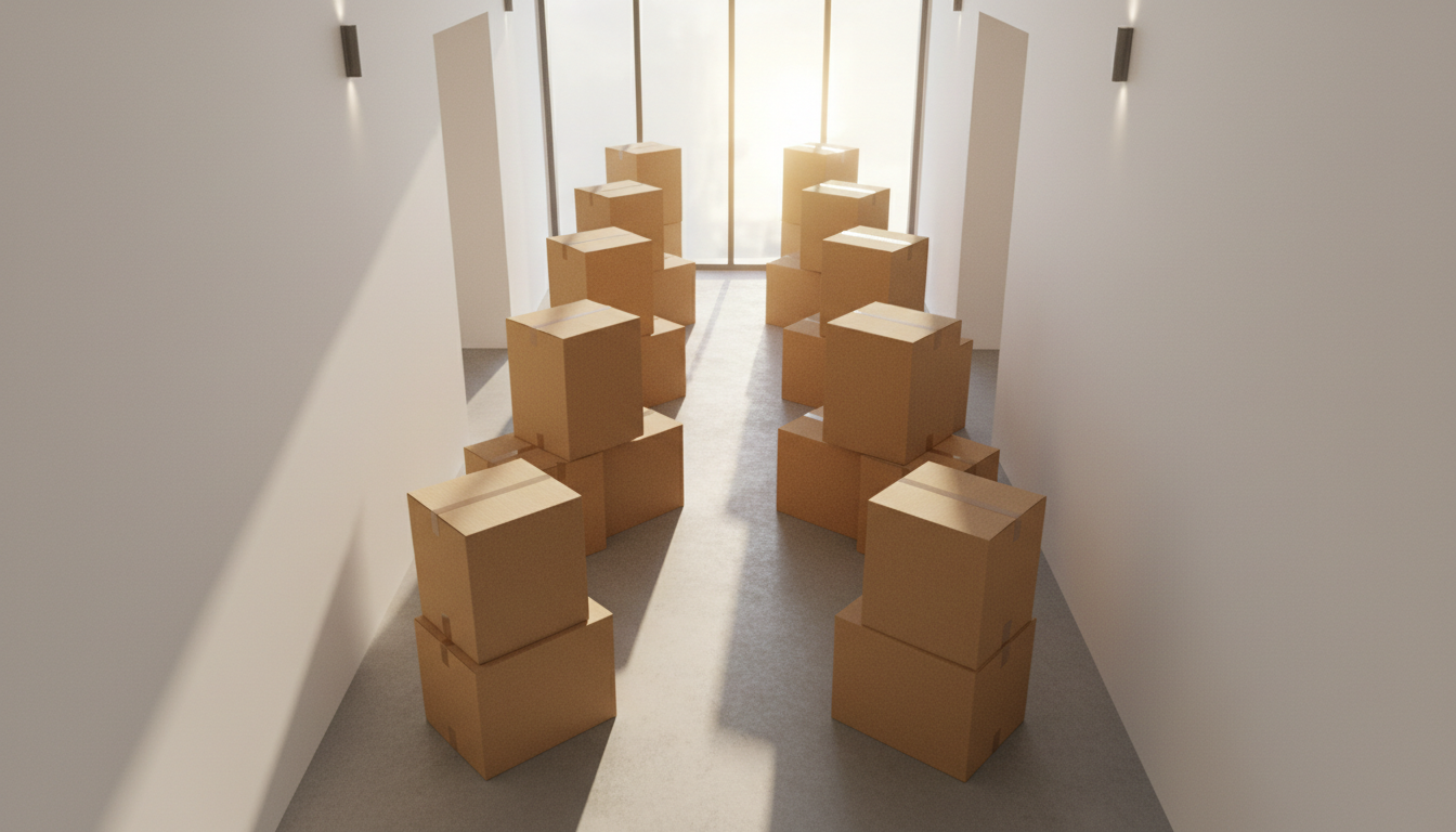 A corridor with multiple stacked cardboard boxes arranged on both sides and sunlight coming through the glass door at the end of the corridor.