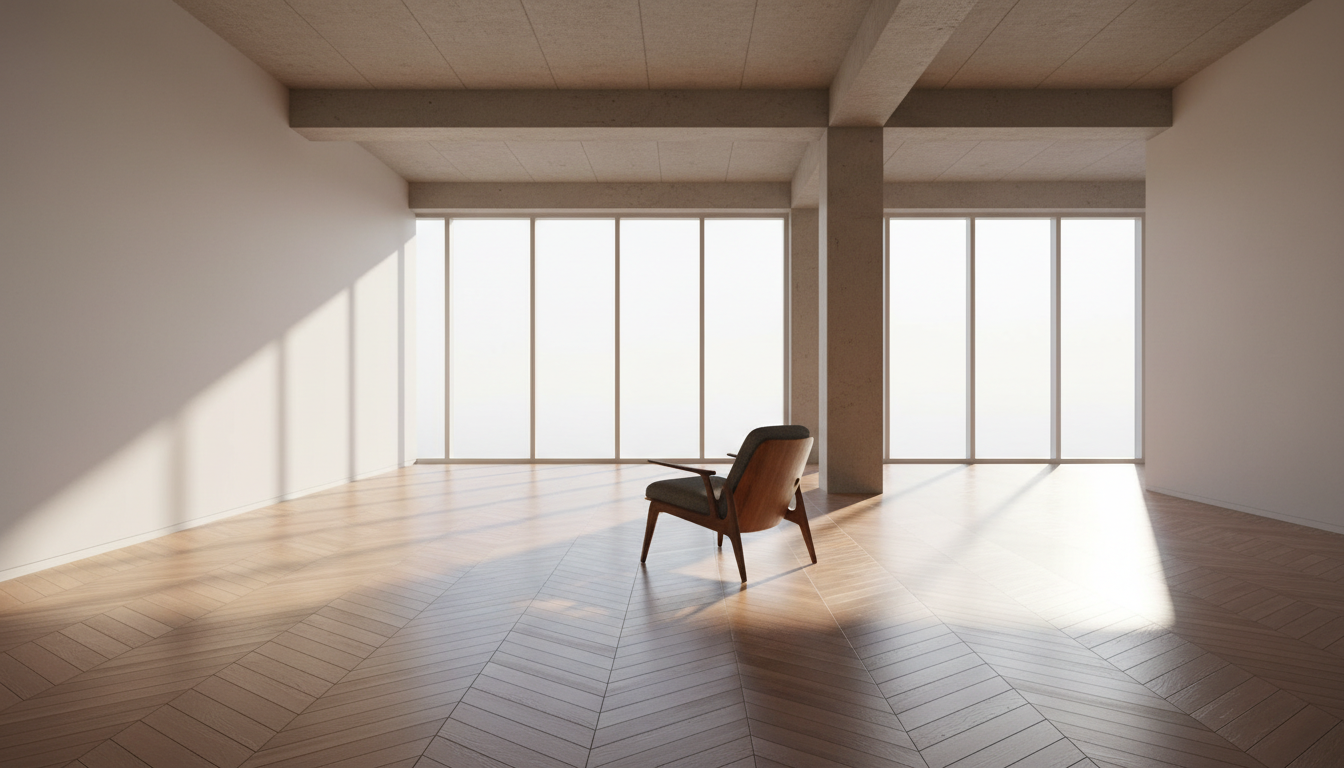 Empty room with large windows, a single wooden chair, and sunlight casting shadows on the floor.