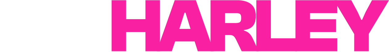 Text graphic with bold black, pink, and white letters spelling 'AJ HARLEY' against a black background.