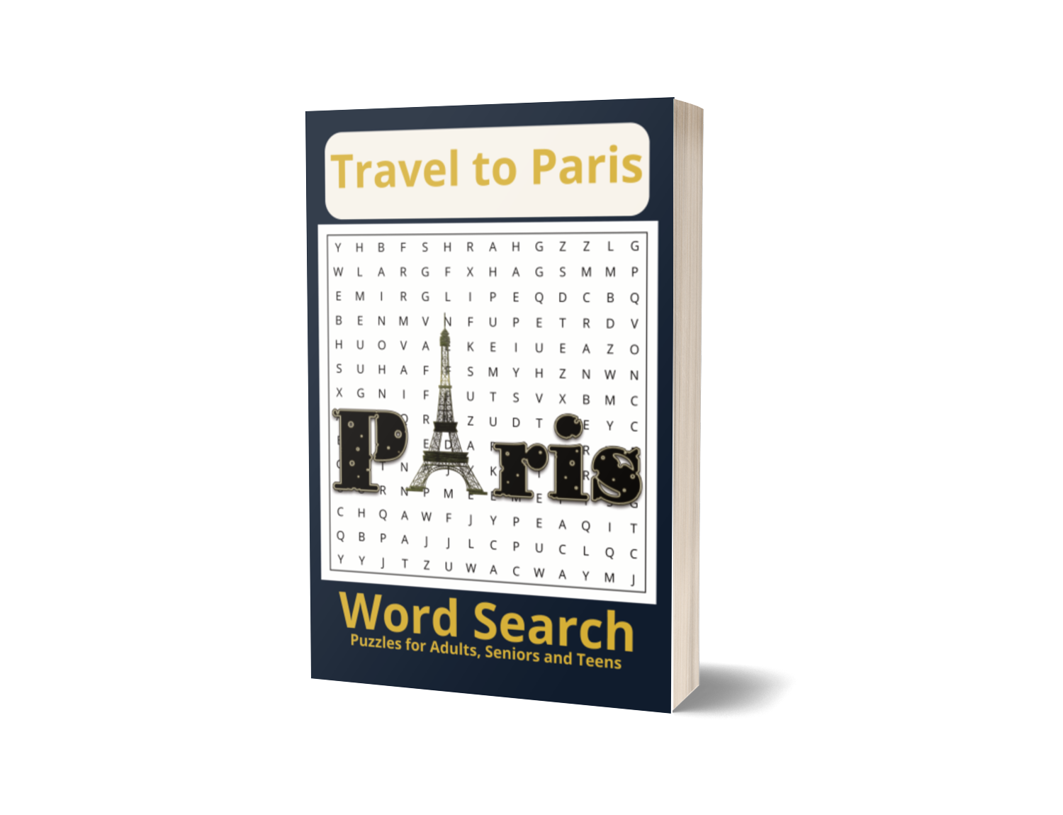 Book titled "Travel to Paris" featuring a word search puzzle and an illustration of the Eiffel Tower on its cover.
