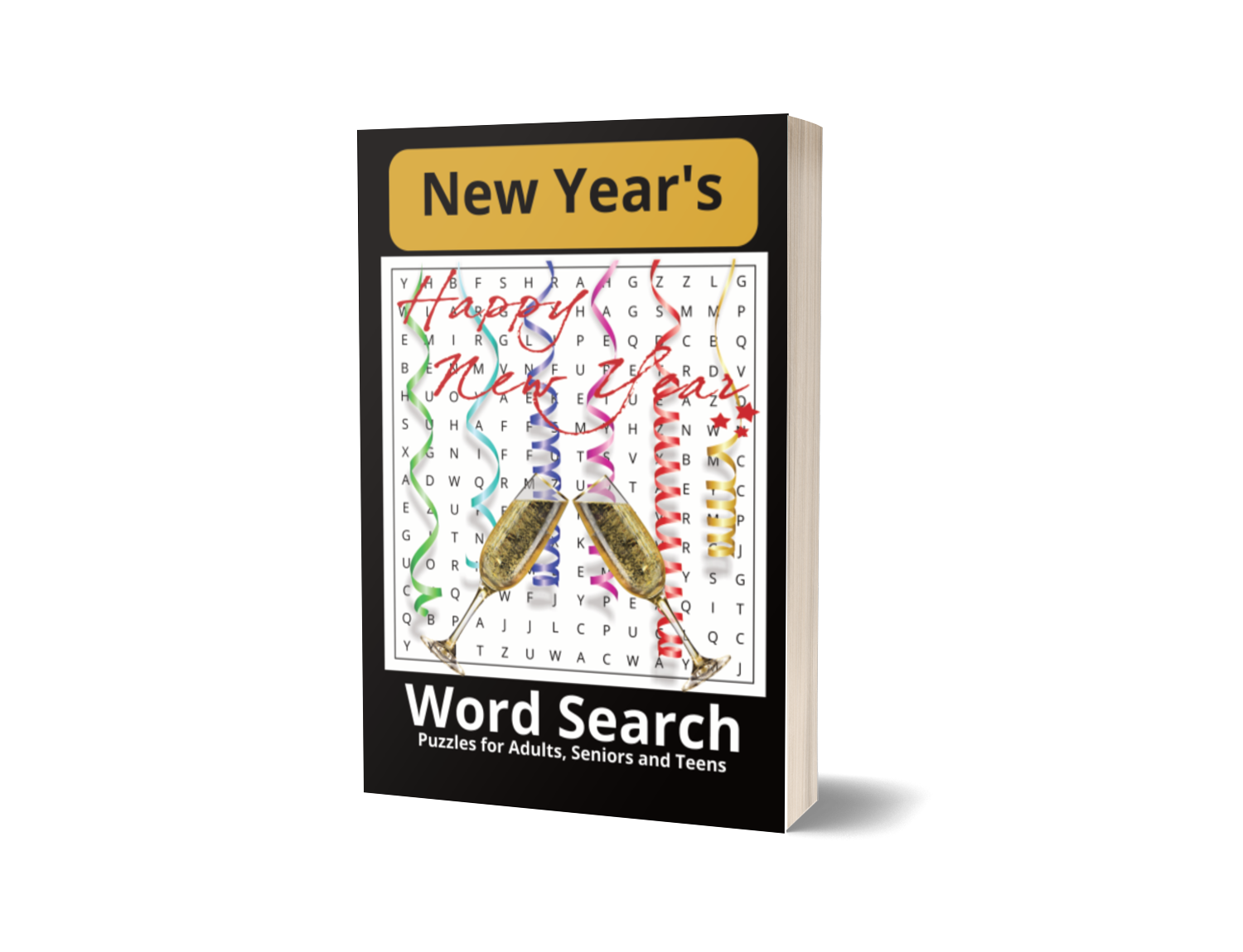 A book titled 'New Year's Word Search: Puzzles for Adults, Seniors, and Teens' with a colorful word search puzzle on the cover, decorated with party streamers, confetti, and two champagne glasses.