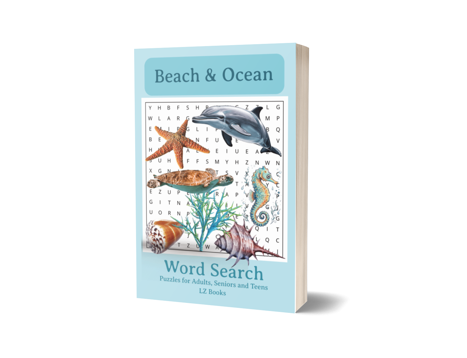 Beach and Ocean Word Search book by LZ Books with sea turtle, dolphin, and seashell art