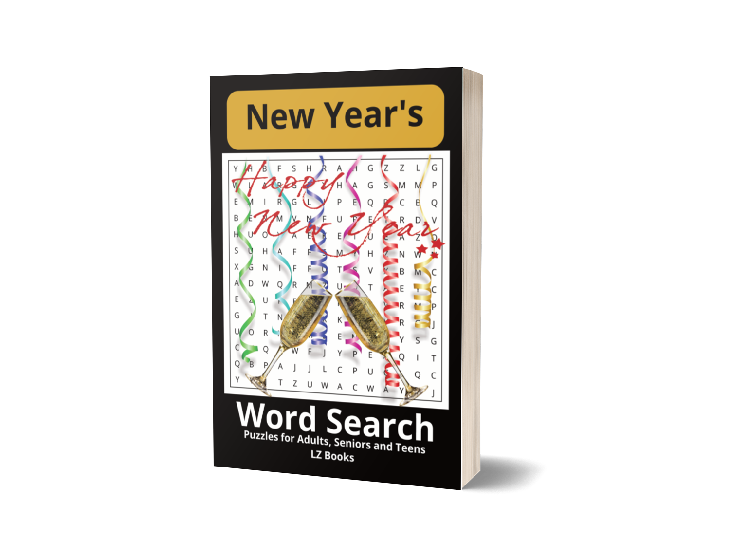A book titled 'New Year's Word Search: Puzzles for Adults, Seniors, and Teens' with a colorful word search puzzle on the cover, decorated with party streamers, confetti, and two champagne glasses.