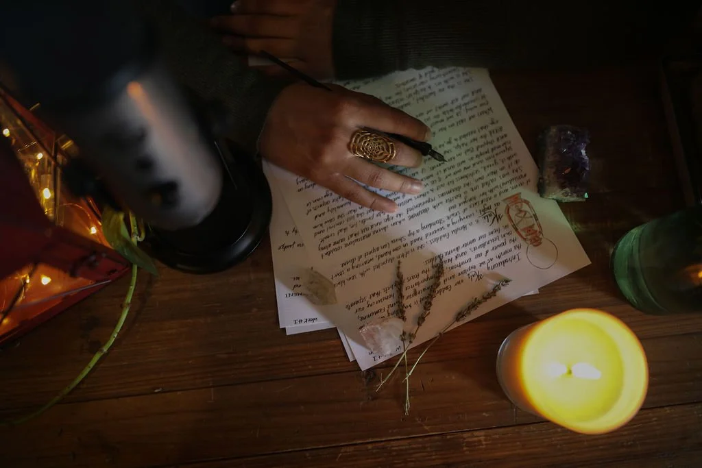 Handwritten notes filled with wisdom transmissions. crystals, candles and herbs surround the papers, Clarissa khans hand with a sacred geometry ring, holds the pen