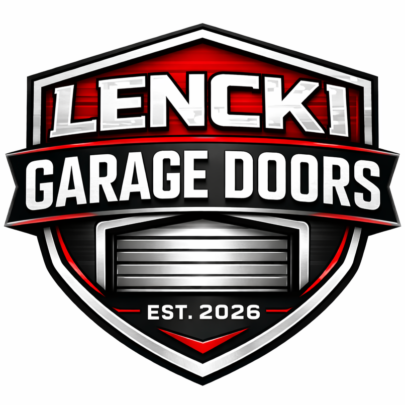 Logo for Lencki Garage Doors, established in 2026, with a shield design, red, black, and white colors, and an illustration of a garage door.