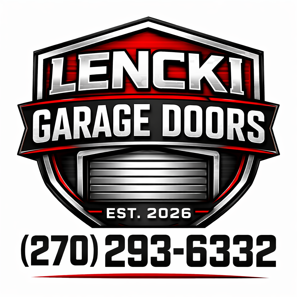 Logo for Lencki Garage Doors with a garage door illustration, established in 2026, and a contact phone number.