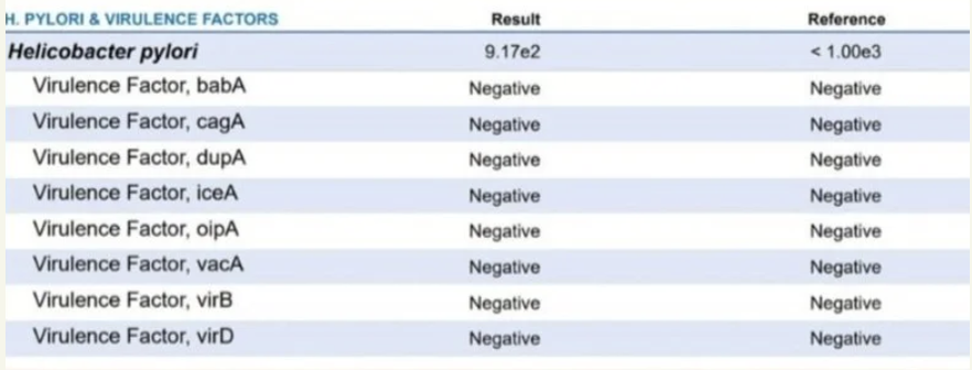 Table displaying Helicobacter pylori and virulence factors with test results indicating negatives, and a numerical result of 9.17e2 for Helicobacter pylori.