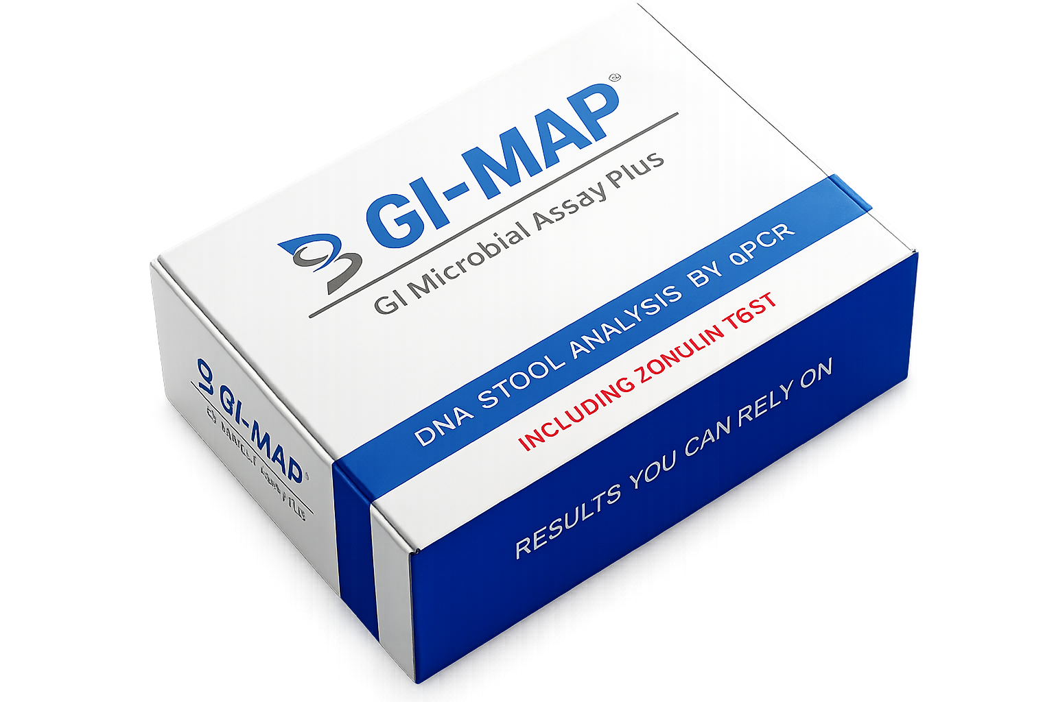 Box of GI-MAP DNA stool analysis kit with blue and white packaging, stating it includes Zonulin T6ST and can be used for microbiome and pathogen testing.