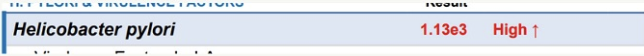 Close-up of a medical report showing a Helicobacter pylori test result with a high reading of 1.13e3.