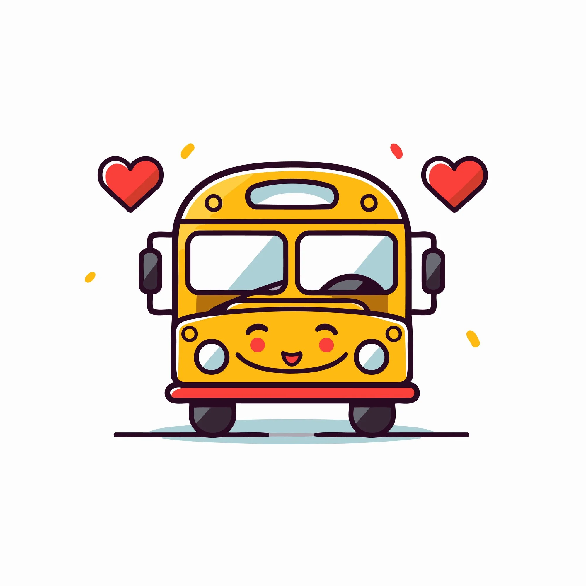 Cute cartoon school bus with smiling face, two red hearts above it, and yellow confetti around it on a white background.