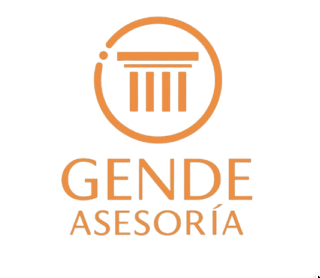 Logo with a circular outline featuring a stylized building with columns, above the words 'GENTE ASESORÍA' in orange text.