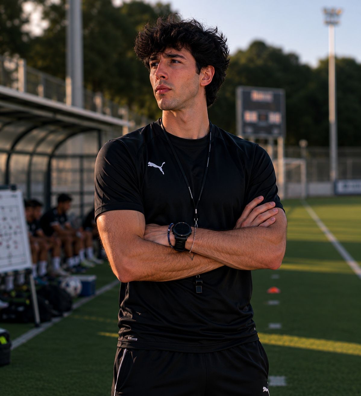 A young male soccer coach or player standing on the sidelines of a soccer field with arms crossed, wearing a black Puma sports shirt and a wristwatch, with soccer players sitting on the bench in the background on a sunny day.