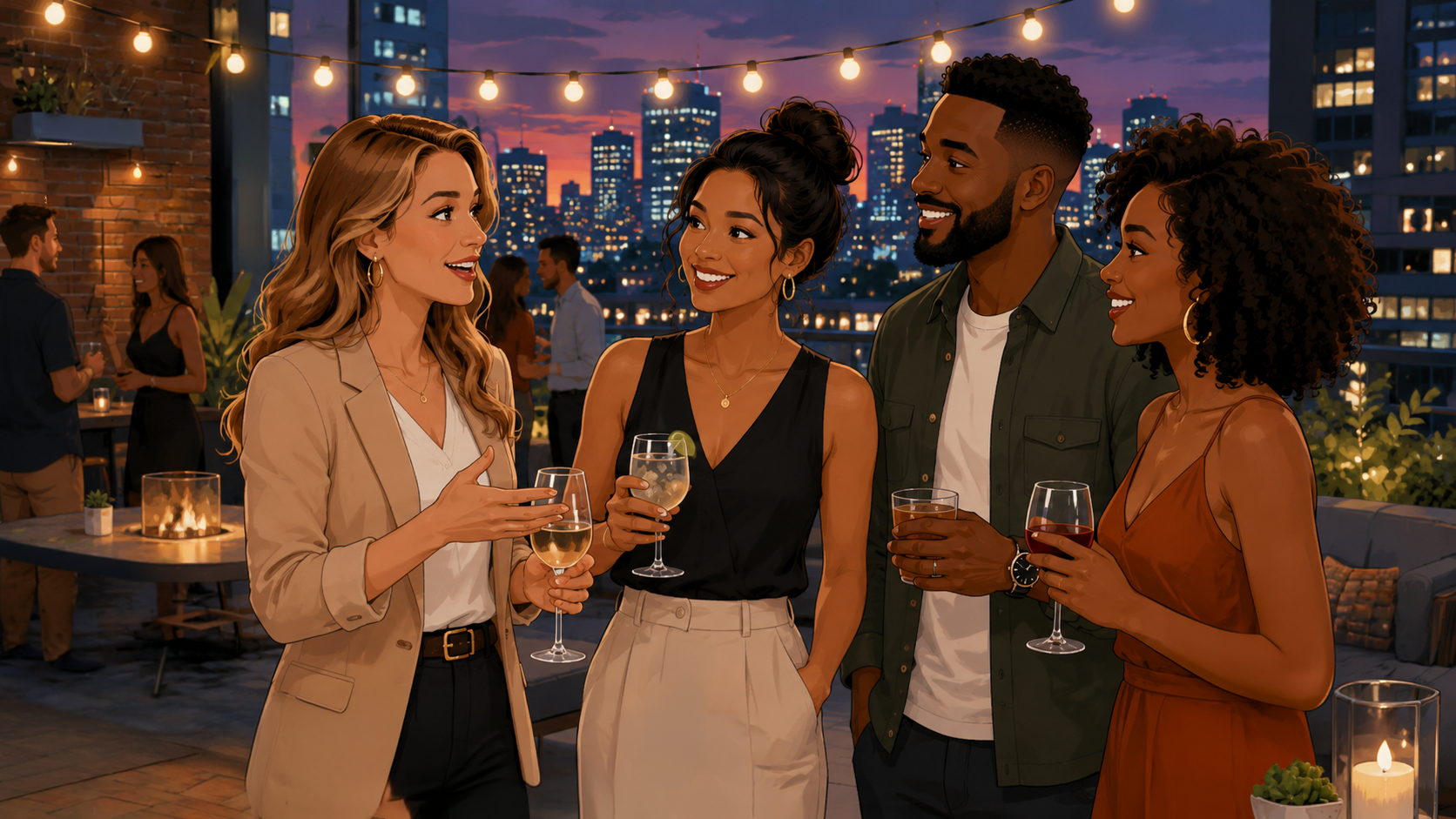 Real estate agent networking with friends at a rooftop social gathering