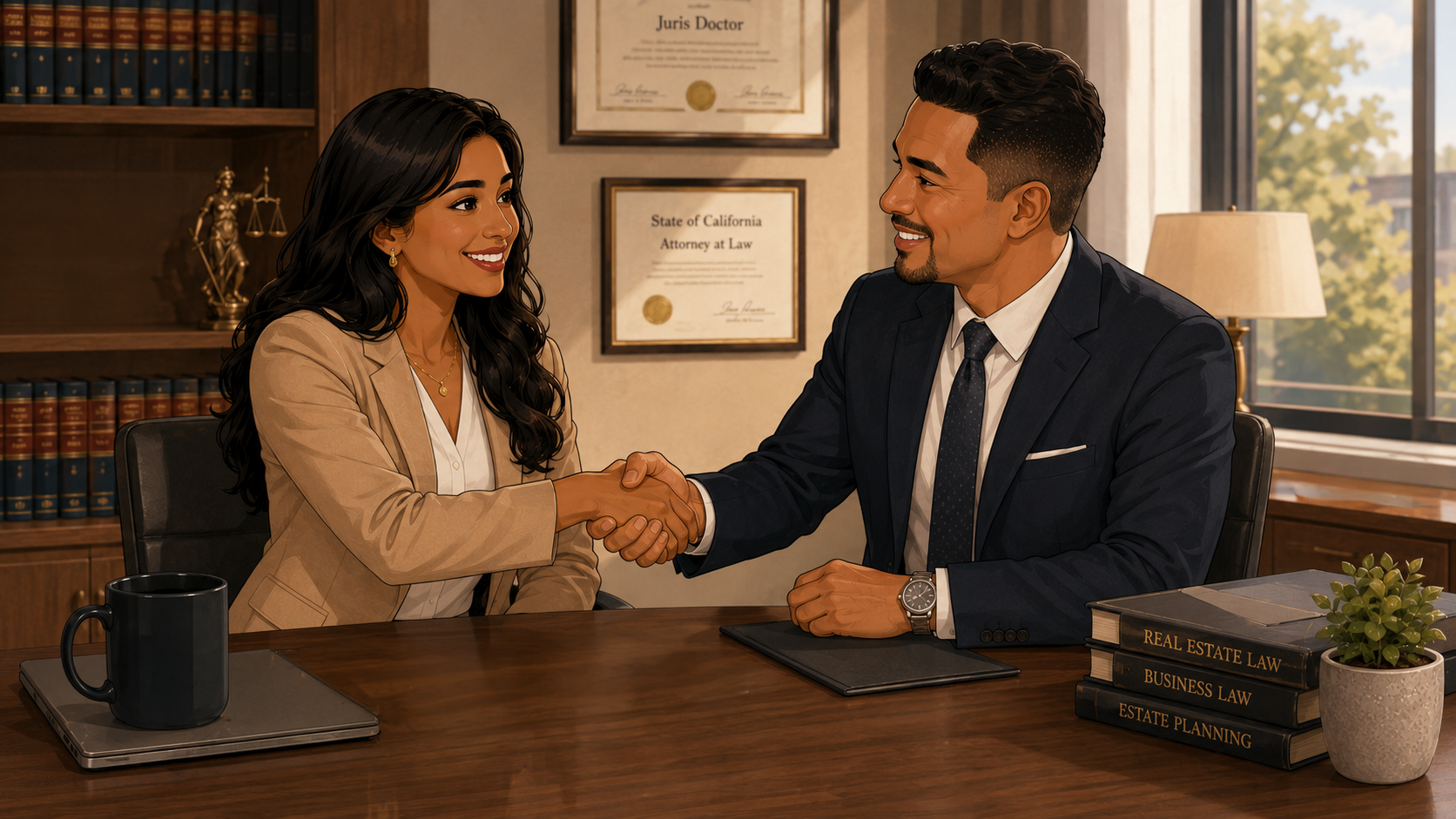 A real estate agent and a lawyer celebrating their symbiotic partnership with a handshake in the office