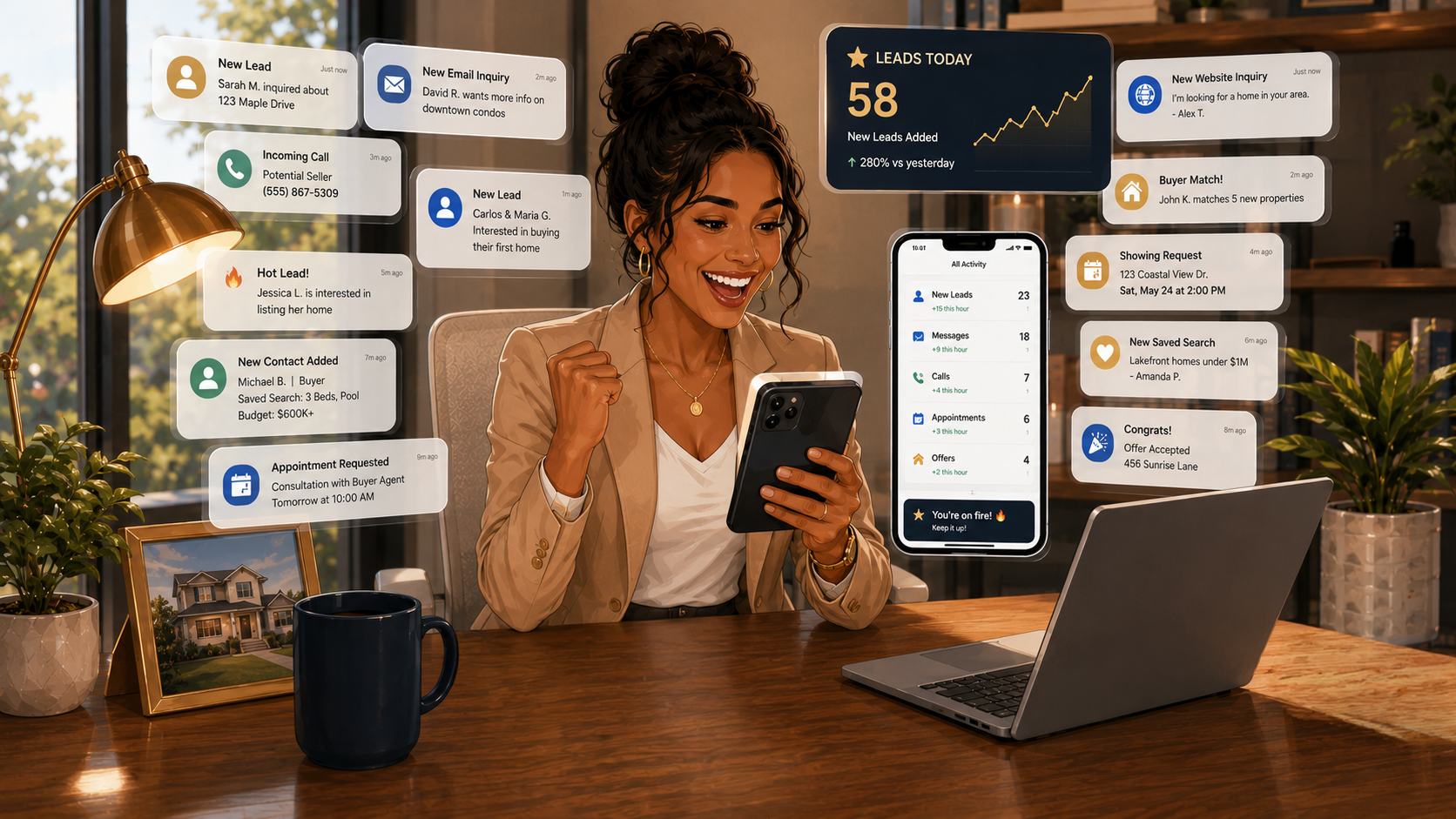 Real estate agent reacting to a surge of new lead notifications on her phone