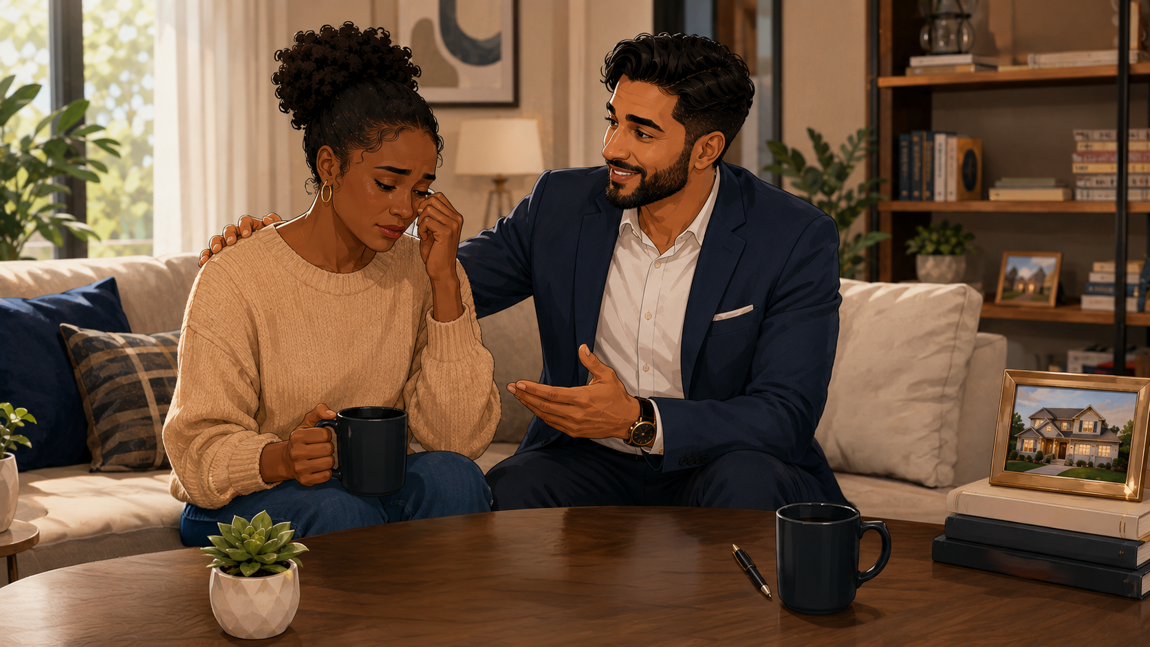 Real estate agent comforting a client during a life transition consultation