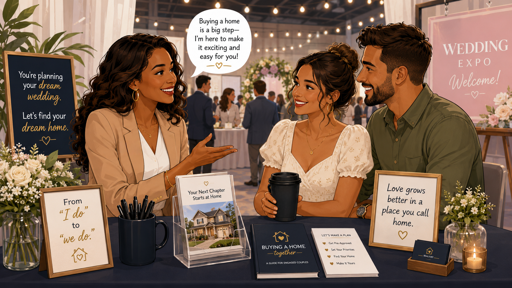 Real estate agent generating leads at a wedding expo booth for engaged couples